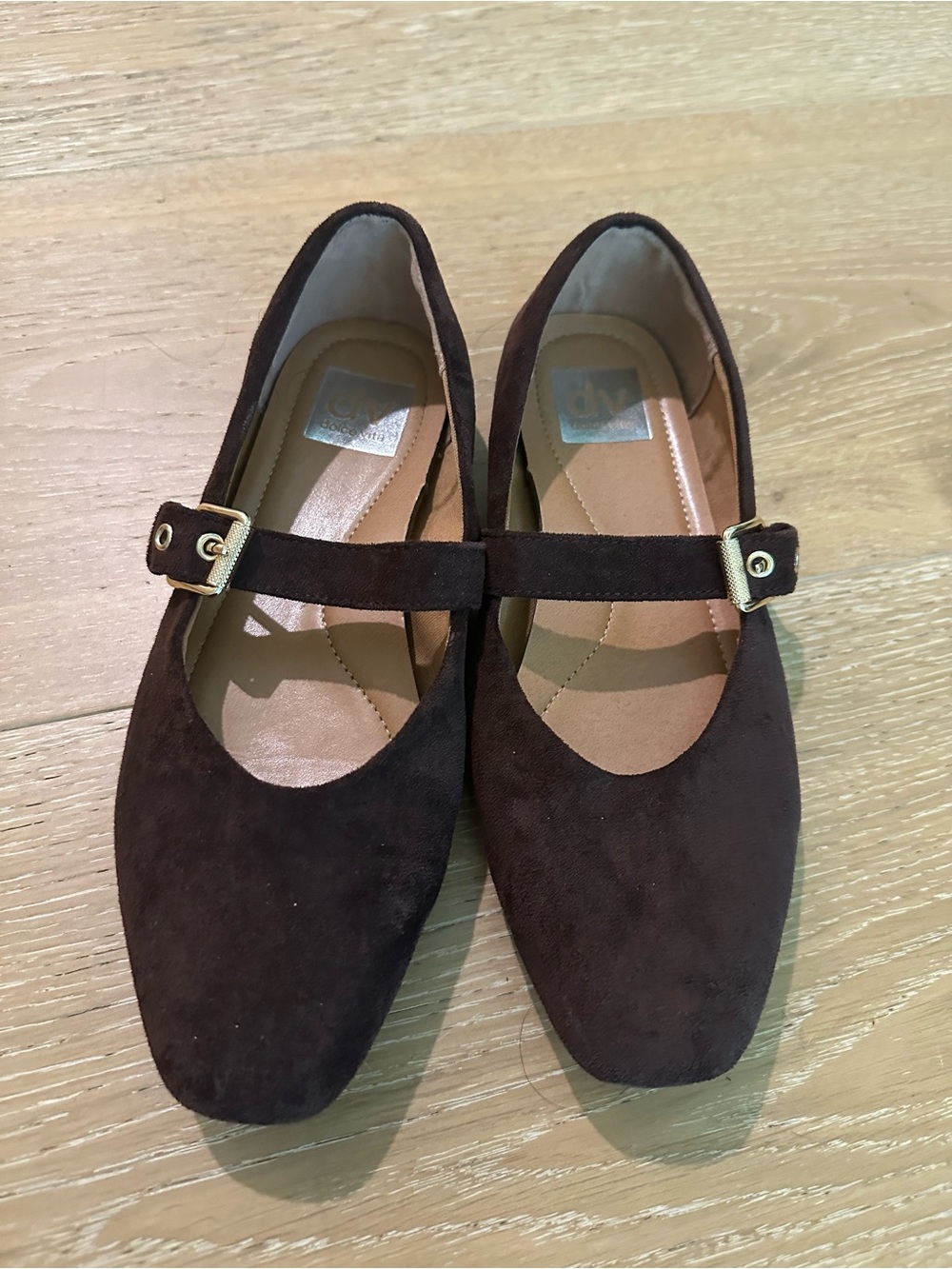 DV by Dolce Vita Brown Suede Mary Jane Flats with Gold Buckles